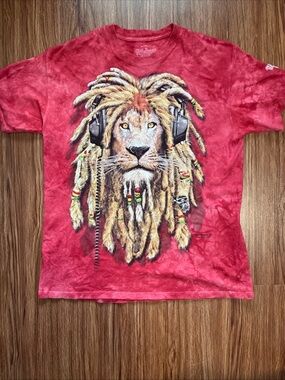 Rainforest Cafe Mens Shirt Red Large  Tie Dye Rasta Lion Wildlife Manimals DJ